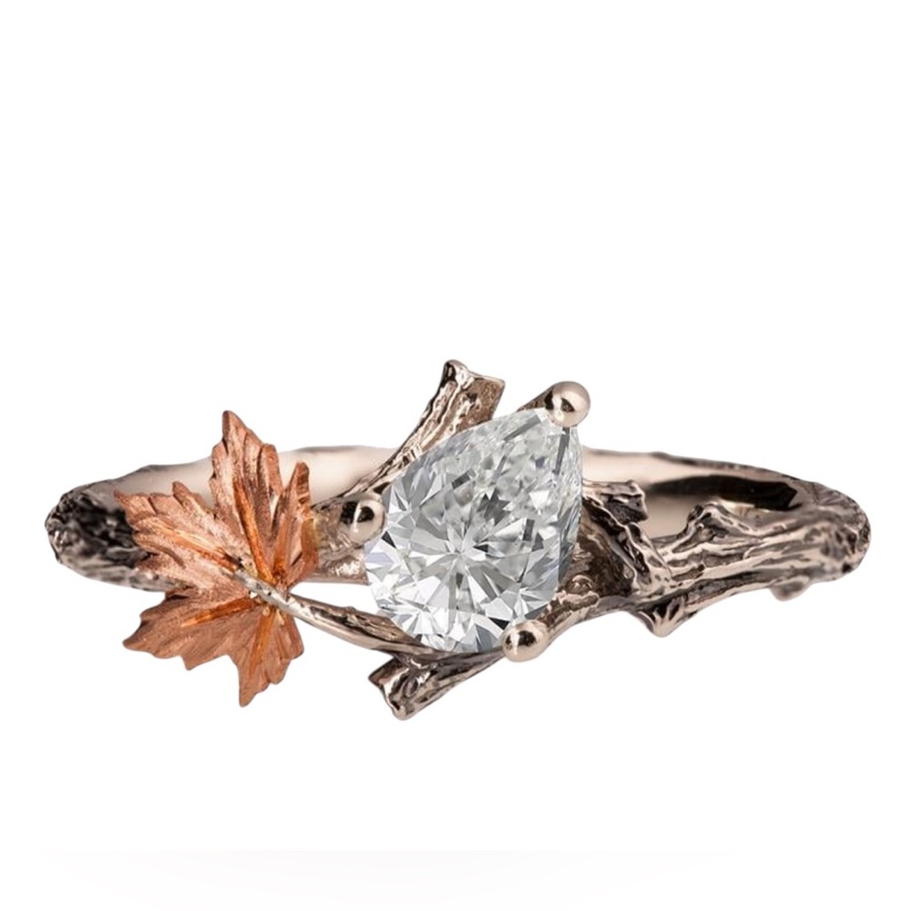 Pear Shaped Clear Stone Maple Leaf Accent Ring in Rose and Silver Tones